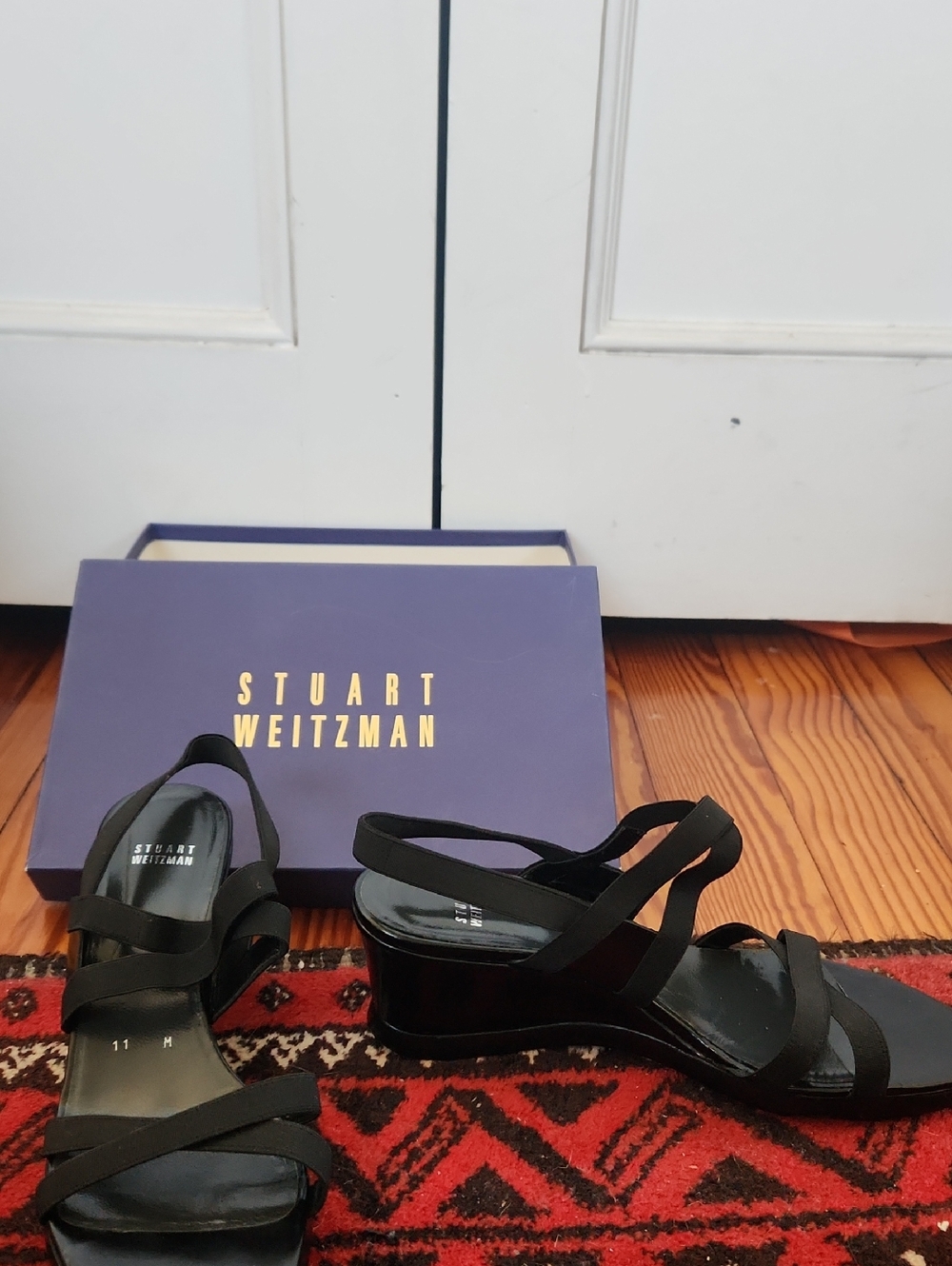 Stuart Weitzman Black Strappy Wedge Sandals with Slingback